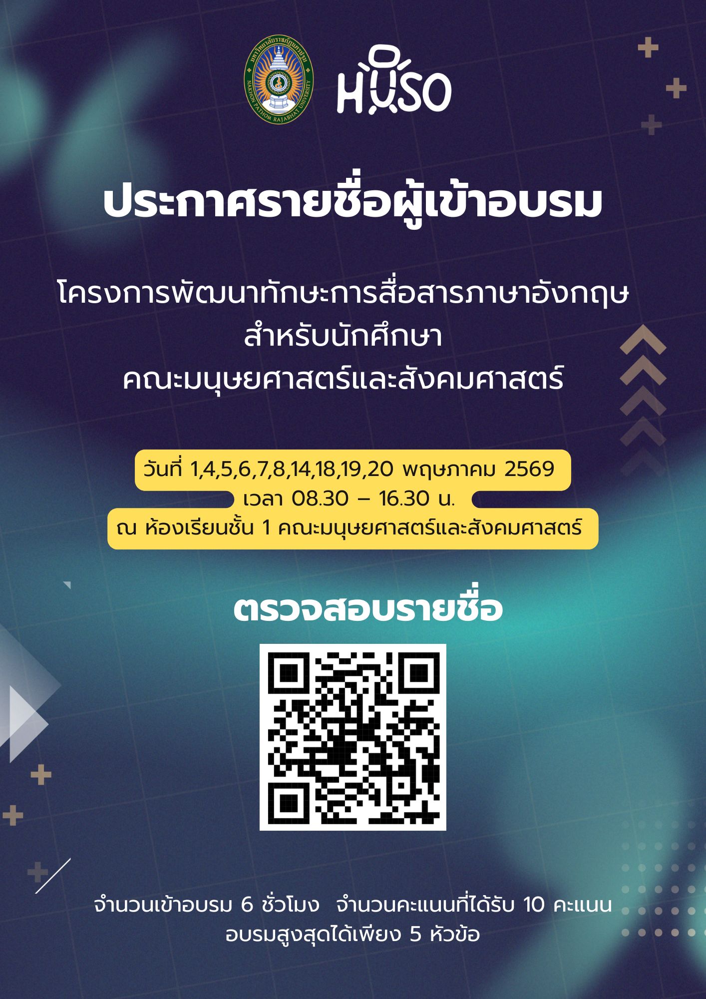 ประกาศรายชื่อผู้เข้าอบรม โครงการพัฒนาทักษะการสื่อสารภาษาอังกฤษสำหรับนักศึกษา คณะมนุษยศาสตร์และสังคมศาสตร์